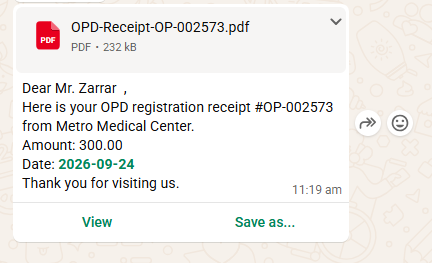 WhatsApp message with OPD registration receipt PDF, receipt number, amount and date sent automatically by the clinic software
