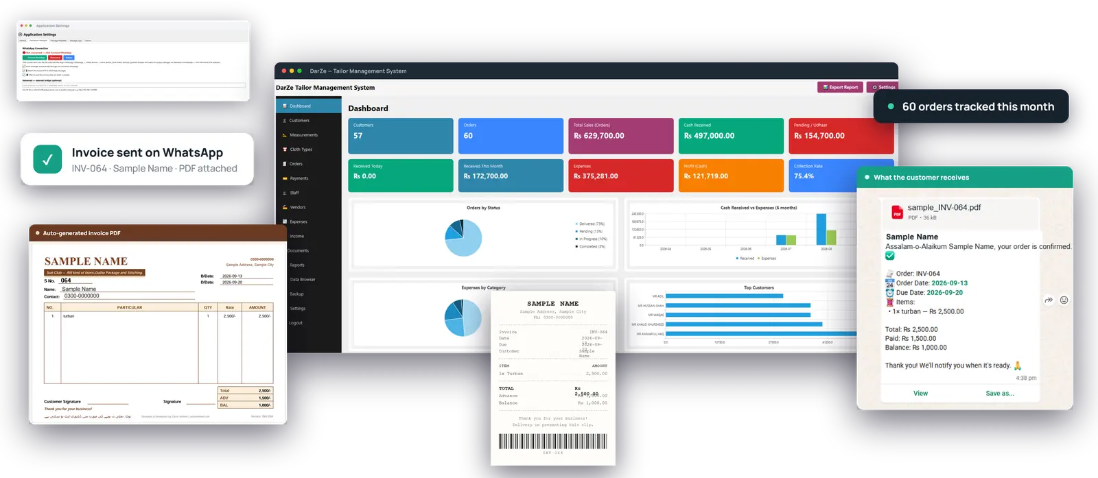 Tailor Management Software dashboard, WhatsApp invoice, thermal slip aur auto-generated invoice PDF